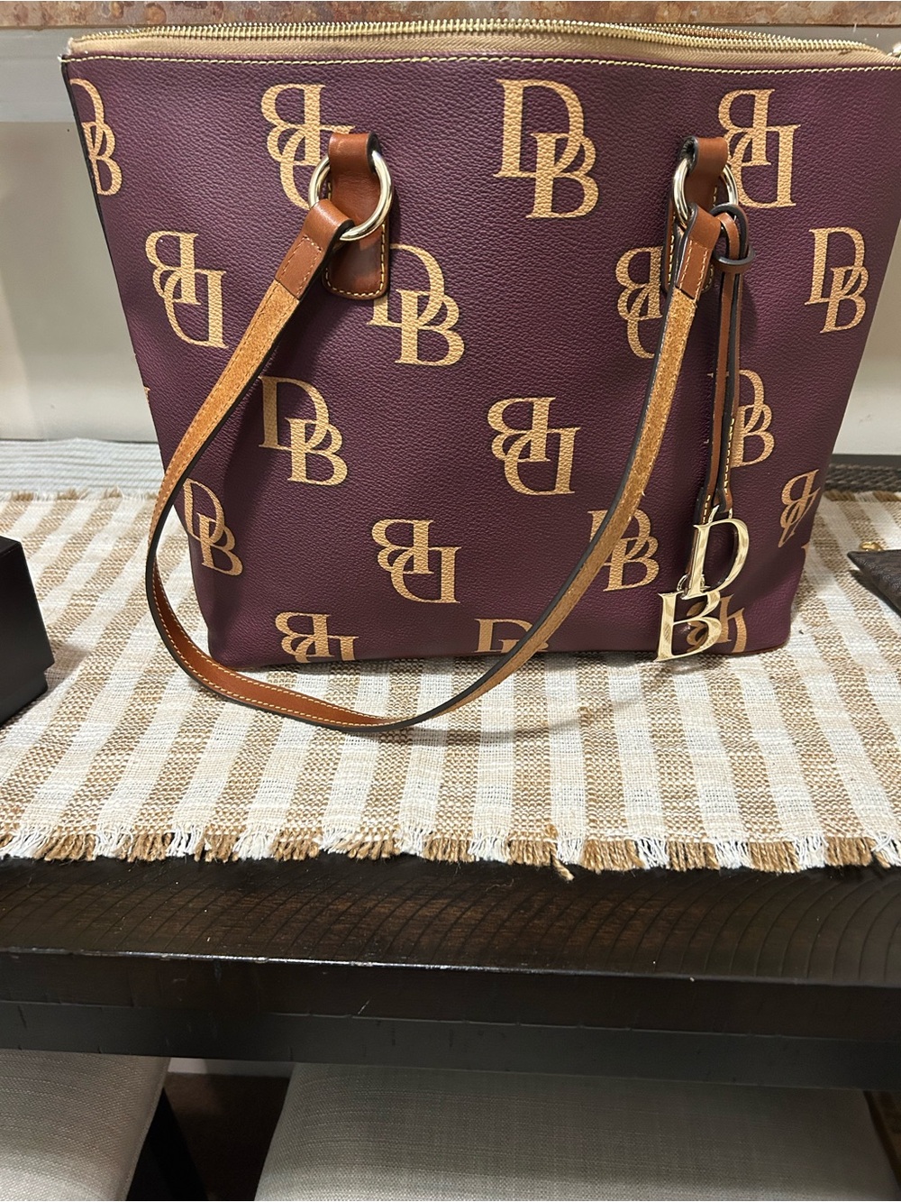 Monogram Burgundy Tote Bag with Tan Straps